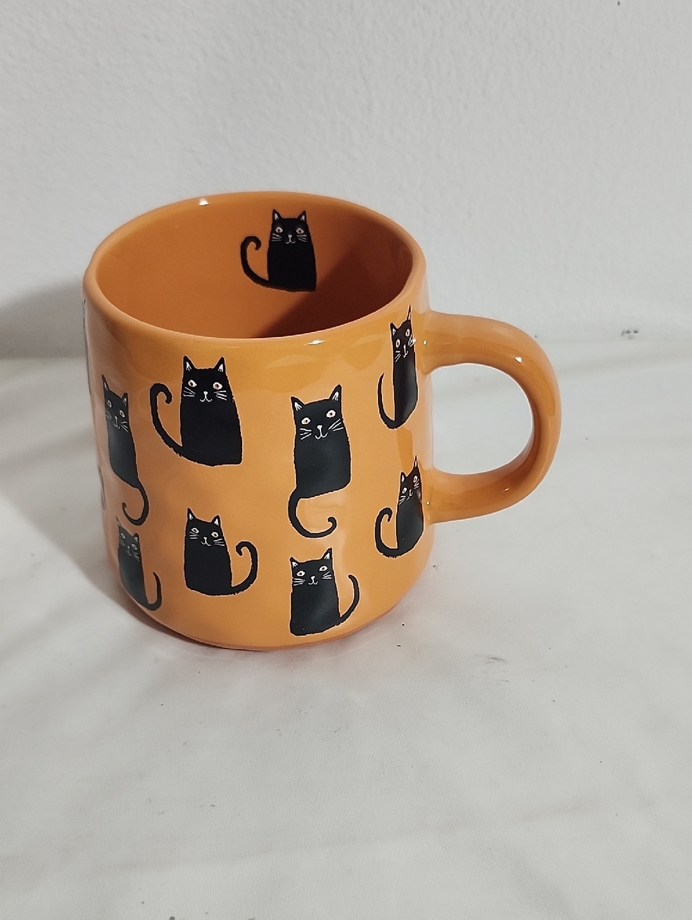Orange Ceramic Cat Mug - Cute Black Cat Pattern